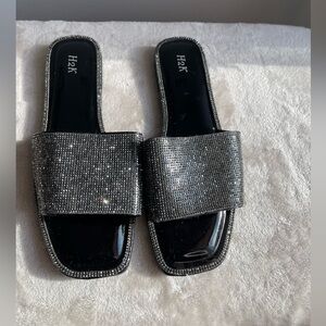 H2K Women's Sparkling, Glossy Black and Silver Slide Flats Sandals
